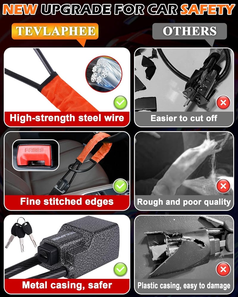 Tevlaphee Steering Wheel Lock Seat Belt Lock Universal Anti Theft Car Device Car Lock Car Theft Prevention with 3 Keys for Car Security Fit Most Vehicles Truck SUV Van (Orange) - Image 3